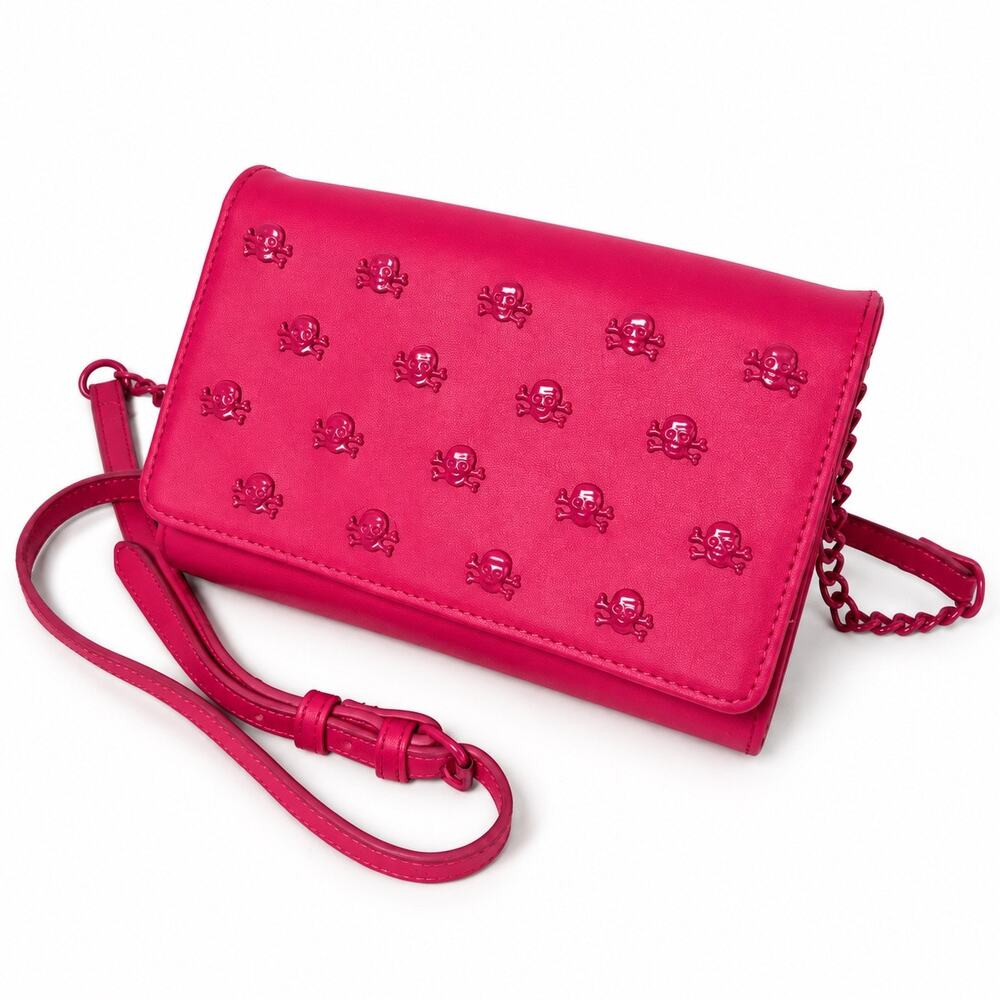 Betsey Johnson Skull Crossbody Wallet Bag Hot Pink Chain Womens Y2K Punk Goth